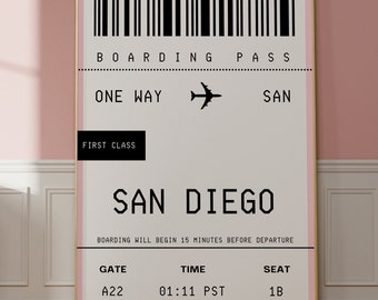 San Diego Wall Art, Custom Boarding Pass Print, Retro California Home Decor, California Travel Print, CA Art Print, Southern California Gift