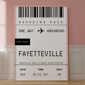 Arte mural de Fayetteville, impresión artística de Arkansas, arte de tarjetas de embarque personalizadas, arte de viajes, arte de apartamentos de Fayetteville, arte de chicas del centro, póster Y2K