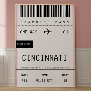 Arte de la pared de Cincinnati, arte de la pared de moda de Cincy OH, impresión de arte del paisaje urbano de Cincinnati, arte de viaje de Ohio, arte de la tarjeta de embarque personalizada, impresión de la ciudad personalizada