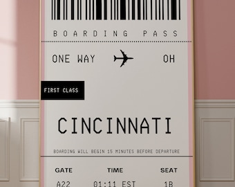 Cincinnati Wall Art, Trendy Cincy OH Wall Art, Cincinnati Cityscape Art Print, Ohio Travel Art, Custom Boarding Pass Art, Custom City Print