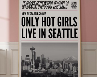 Seattle Wall Art, Retro Washington Poster, Y2K Newspaper Art Print, Custom City Print, Headline Art Print, College Dorm Wall Art Print
