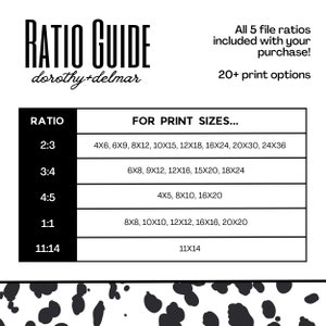 May include: A chart with the title "RATIO GUIDE" and the text "dorothy+delmar" below it. The chart shows different aspect ratios and corresponding print sizes in inches. The ratios are 2:3, 3:4, 4:5, 1:1, and 11:14. The print sizes are listed in inches, for example, 4x6, 6x9, 8x12, 10x15, 12x18, 16x24, 20x30, 24x36.