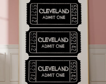Puede incluir: Tres boletos de entrada vintage en blanco y negro con el texto "CLEVELAND ADMIT ONE" y el número "552142" impreso en cada uno.