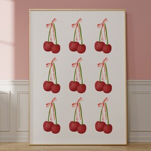 Wydruk wiśniowy, dekoracja pokoju Coquette, sztuka ścienna Bow, sztuka estetyczna Old Money, dziewczyna z centrum miasta, sztuka ścienna Strawberry, wydruk Balletcore, plakat Y2K
