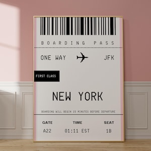 New York City Wandkunst, NYC JFK Bordkarte Poster, individuelle Flugticketkunst, Mädchenästhetik, New York Skyline, individuelle Reisekunst