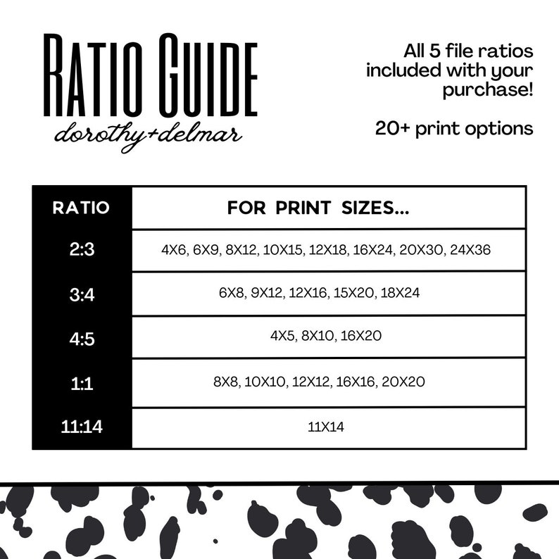 May include: A chart with the title "RATIO GUIDE" and the text "dorothy+delmar" below it. The chart lists different aspect ratios and corresponding print sizes in inches. The ratios listed are 2:3, 3:4, 4:5, 1:1, and 11:14.