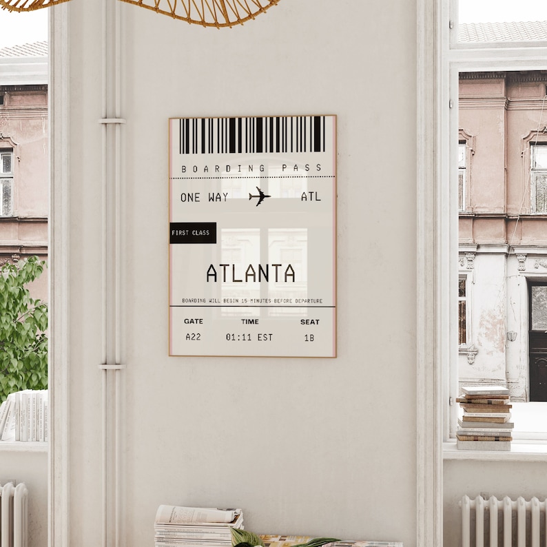 May include: A black and white printable boarding pass with the text "BOARDING PASS", "ONE WAY", "ATL", "FIRST CLASS", "ATLANTA", "BOARDING WILL BEGIN 15 MINUTES BEFORE DEPARTURE", "GATE", "TIME", "SEAT", "A22", "01:11 EST", and "18".