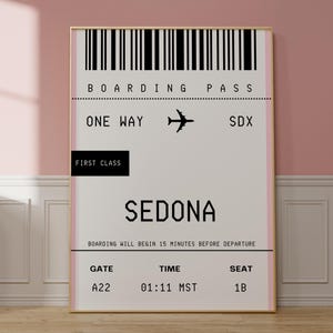 Arte de pared de Sedona, decoración retro del hogar de Arizona, arte de pared con tarjeta de embarque de Sedona, decoración de Airbnb, arte de chica del centro de la ciudad, impresión personalizada de viajes por la ciudad, AZ