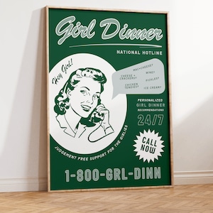 Girl Dinner Art Print Poster, Retro Kitchen Decor, Aesthetic Kitchen Wall Art, Disco Kitchen Art, Retro Kitchen Print, Green Kitchen Poster