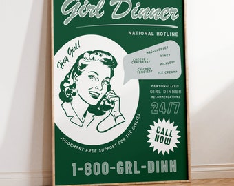 Mädchen Dinner Art Print Poster, Retro Küchendekor, ästhetische Küche Wandkunst, Disco Küchenkunst, Retro Küche Print, grünes Küchenposter