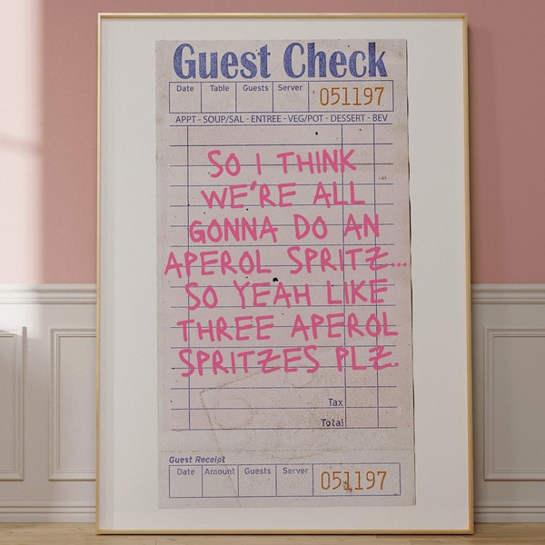 Aperol Spritz Guest Check Poster Y2K Aesthetic Bar Cart Art Maximalist Preppy Art Print Funky Bar Cart Decor Another Round Cocktail Poster