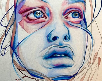 Étude de portrait aux crayons de couleur ~ Jenny Saville variation dessin 23,2 x 30,5 cm, oeuvre non encadrée