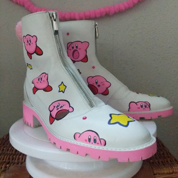 ONE OF A KIND Kirby Boots Size 40 Zara Brand Nintendo Unique boots Women's 9.5 Painted Boots