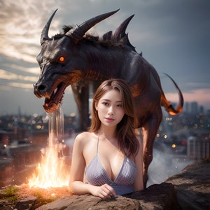 以下が含まれることがあります： 長い茶色の髪の女性が、赤い光る目をした大きな黒い神話上の生き物の前に立っています。生き物は炎に燃え上がる水の流れを吐き出しています。女性は薄い青色のビキニトップを着ています。