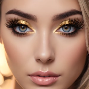 May include: Close-up of a woman's face with gold eyeshadow and long eyelashes. The woman has a neutral expression and her lips are slightly parted.