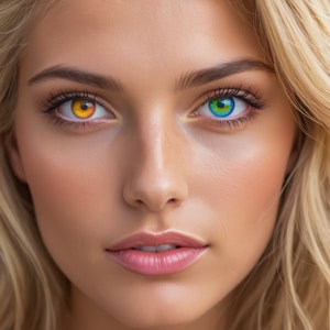 May include: Close-up of a woman's face with one eye featuring a yellow and orange colored contact lens and the other eye featuring a blue and green colored contact lens.