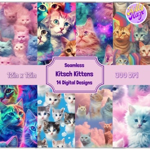 Papel digital Kitsch Kitten, patrón digital con temática de gato sin costuras, papel de scrapbooking, papel de envolver, paquete de papel digital de gato de fondo de gato