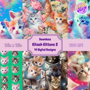 Kitsch Kitten2 Papel digital, Patrón digital temático de gato sin costuras, Papel de scrapbooking, Papel de envolver, Paquete de papel digital de gato de fondo de gato
