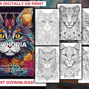 Stress, Anxiety Relief, Cat Coloring Pages with Intricate Mandala Designs. Instant Download. Perfect for Adults. 50 Digital Coloring Pages