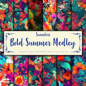 Seamless Digital Paper Summer Floral Medley Bold Colors Bright Flower Background 14 Designs - 12x12in Commercial Use - Floral Sublimation