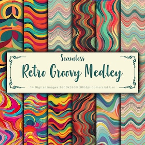 Wavy Retro Digital Paper - 14 Designs - 12x12in - Commercial Use - Sublimation - Seamless - Groovy Digital Paper - Retro Pattern - Funky