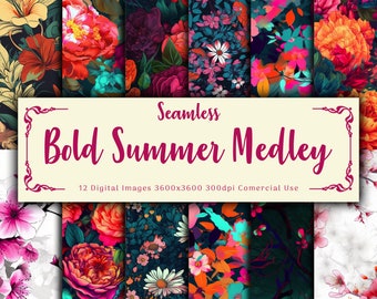 Seamless Digital Paper Summer Floral Medley Bold Colors Bright Flower Background 12 Designs - 12x12in Commercial Use - Floral Sublimation
