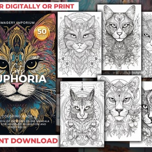 Stress, Anxiety Relief, Cat Coloring Pages with Intricate Mandala Designs. Instant Download. Perfect for Adults. 50 Digital Coloring Pages