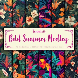 Digital Paper Summer Floral Medley - Bold Bright Flower Background - 12 Designs - 12x12in - Commercial Use - Floral Sublimation - Seamless
