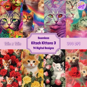 Kitsch Kitten3 Papel digital, Patrón digital temático de gato sin costuras, Papel de scrapbooking, Papel de envolver, Paquete de papel digital de gato de fondo de gato