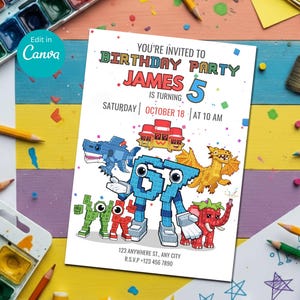 Może przedstawiać: Zaproszenie na przyjęcie urodzinowe z pikselowanymi ilustracjami zwierząt. Na zaproszeniu widnieje napis: "Zapraszamy na przyjęcie urodzinowe, James kończy 5 lat, sobota 18 października o 10:00". Zaproszenie otoczone jest materiałami artystycznymi.