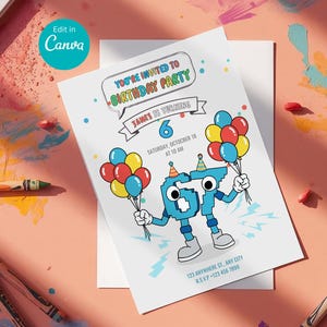 May include: A birthday party invitation with the text "You're Invited to Birthday Party". The invitation features a blue character holding balloons and the text "James is turning 6". The background is a light pink color.
