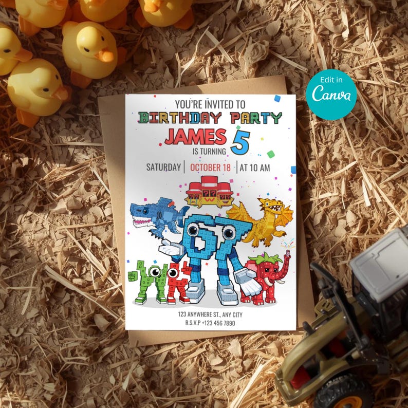 May include: A birthday party invitation with the text "You're invited to Birthday Party James 5 is turning Saturday October 18 at 10 AM". The invitation features colorful cartoon characters and the Canva logo.