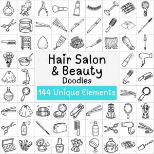 Peut inclure: Une collection d'icônes en noir et blanc représentant des outils de salon de coiffure et de beauté disposés en grille. Le texte central indique Hair Salon & Beauty Doodles 144 Unique Elements. Les icônes incluent ciseaux, peignes et brosses.