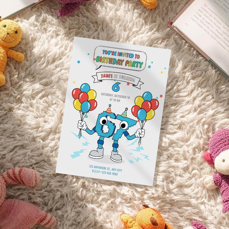 Peut inclure: Une invitation d'anniversaire avec un personnage de dessin anim&eacute; tenant des ballons. L'invitation indique "You're Invited to Birthday Party" et "James a 6 ans". La date est le samedi 18 octobre &agrave; 10h. Comprend l'adresse et les informations RSVP.