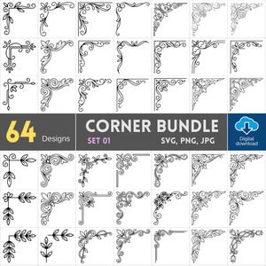 Paquete de esquinas SVG, bordes decorativos, esquinas florales para bodas, espirales de filigrana vintage, esquinas para marcos, descarga digital