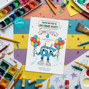 Peut inclure: Une invitation d'anniversaire avec un design color&eacute;. L'invitation contient le texte "YOU'RE INVITED TO BIRTHDAY PARTY" et "JAMES IS TURNING 6". L'invitation est d&eacute;cor&eacute;e de personnages de dessins anim&eacute;s tenant des ballons. Le fond comprend des fournitures d'art.