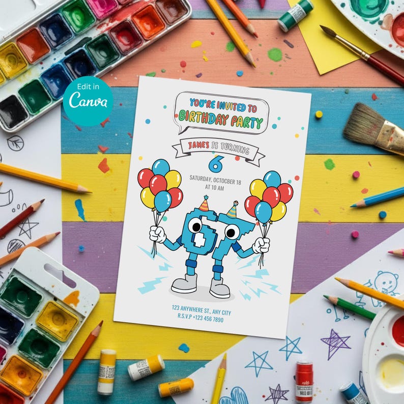 Peut inclure: Une invitation d'anniversaire avec un design color&eacute;. L'invitation contient le texte "YOU'RE INVITED TO BIRTHDAY PARTY" et "JAMES IS TURNING 6". L'invitation est d&eacute;cor&eacute;e de personnages de dessins anim&eacute;s tenant des ballons. Le fond comprend des fournitures d'art.