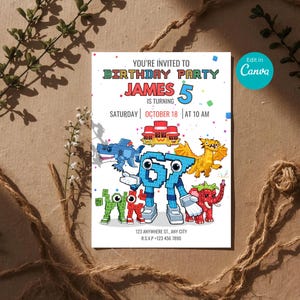 May include: A birthday party invitation with the text "YOU'RE INVITED TO BIRTHDAY PARTY JAMES 5 IS TURNING" and the date "SATURDAY OCTOBER 18 AT 10 AM". The invitation features colorful block-style illustrations of various creatures.