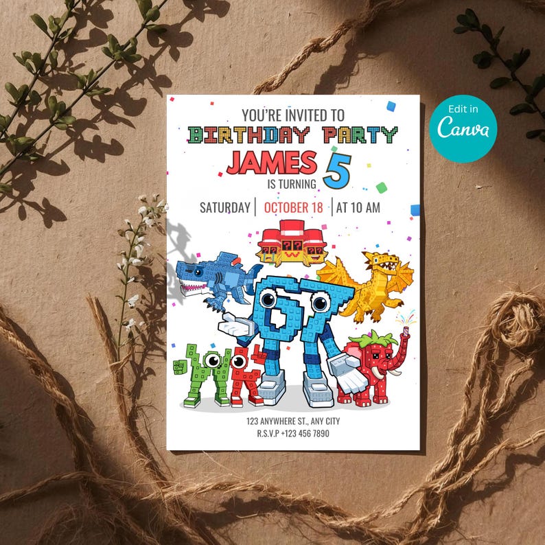 May include: A birthday party invitation with the text "YOU'RE INVITED TO BIRTHDAY PARTY JAMES 5 IS TURNING" and the date "SATURDAY OCTOBER 18 AT 10 AM". The invitation features colorful block-style illustrations of various creatures.