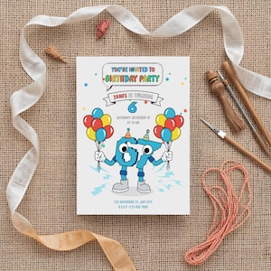 Peut inclure: Une invitation d'anniversaire avec le texte "You're Invited to Birthday Party". L'invitation pr&eacute;sente une illustration de dessin anim&eacute; du chiffre 6 tenant des ballons. L'invitation comprend &eacute;galement le texte "James is turning 6" et la date et l'heure de la f&ecirc;te.