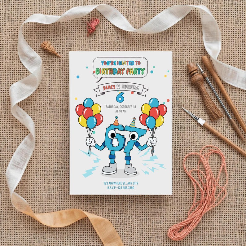 Peut inclure: Une invitation d'anniversaire avec le texte "You're Invited to Birthday Party". L'invitation pr&eacute;sente une illustration de dessin anim&eacute; du chiffre 6 tenant des ballons. L'invitation comprend &eacute;galement le texte "James is turning 6" et la date et l'heure de la f&ecirc;te.