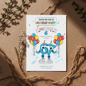 Peut inclure: Une invitation blanche pour une f&ecirc;te d'anniversaire avec le texte "You're Invited to Birthday Party". L'invitation pr&eacute;sente une illustration de dessin anim&eacute; du chiffre 6 tenant des ballons. Le texte dit "James a 6 ans" et comprend la date et l'heure.