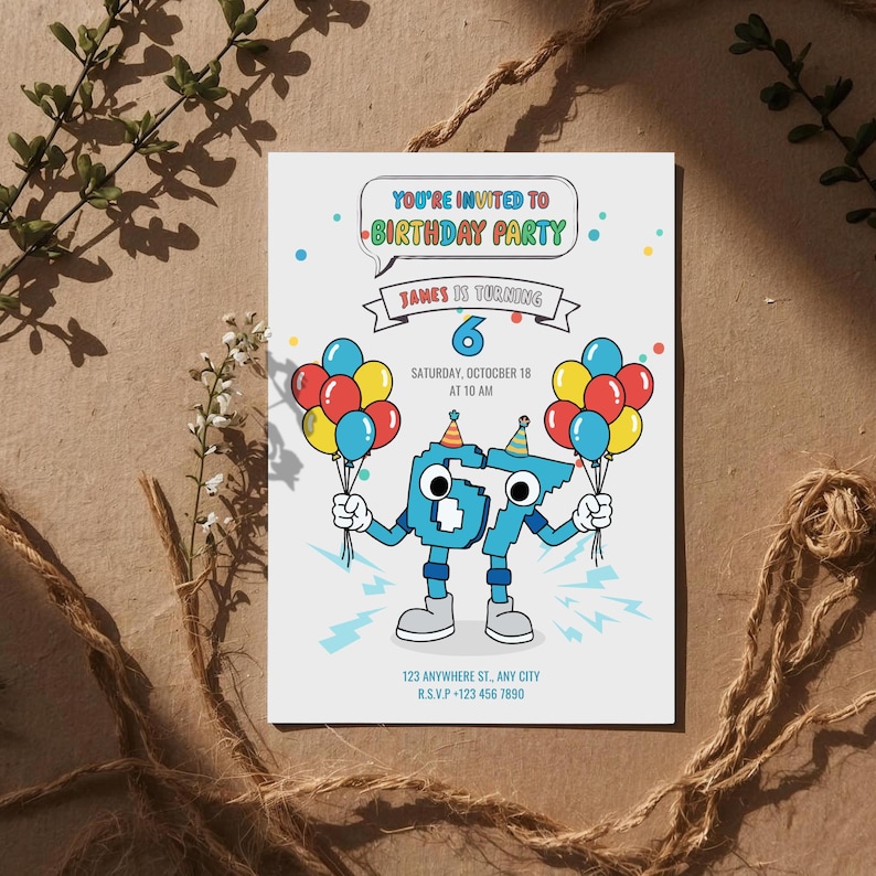 Peut inclure: Une invitation blanche pour une f&ecirc;te d'anniversaire avec le texte "You're Invited to Birthday Party". L'invitation pr&eacute;sente une illustration de dessin anim&eacute; du chiffre 6 tenant des ballons. Le texte dit "James a 6 ans" et comprend la date et l'heure.