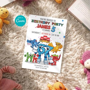May include: A birthday party invitation with the text "You're Invited To Birthday Party James is turning 5". The invitation features pixelated cartoon characters and the date "Saturday October 18 at 10 AM".