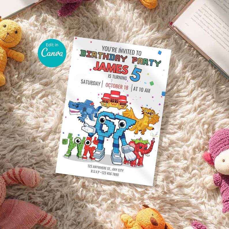 May include: A birthday party invitation with the text "You're Invited To Birthday Party James is turning 5". The invitation features pixelated cartoon characters and the date "Saturday October 18 at 10 AM".