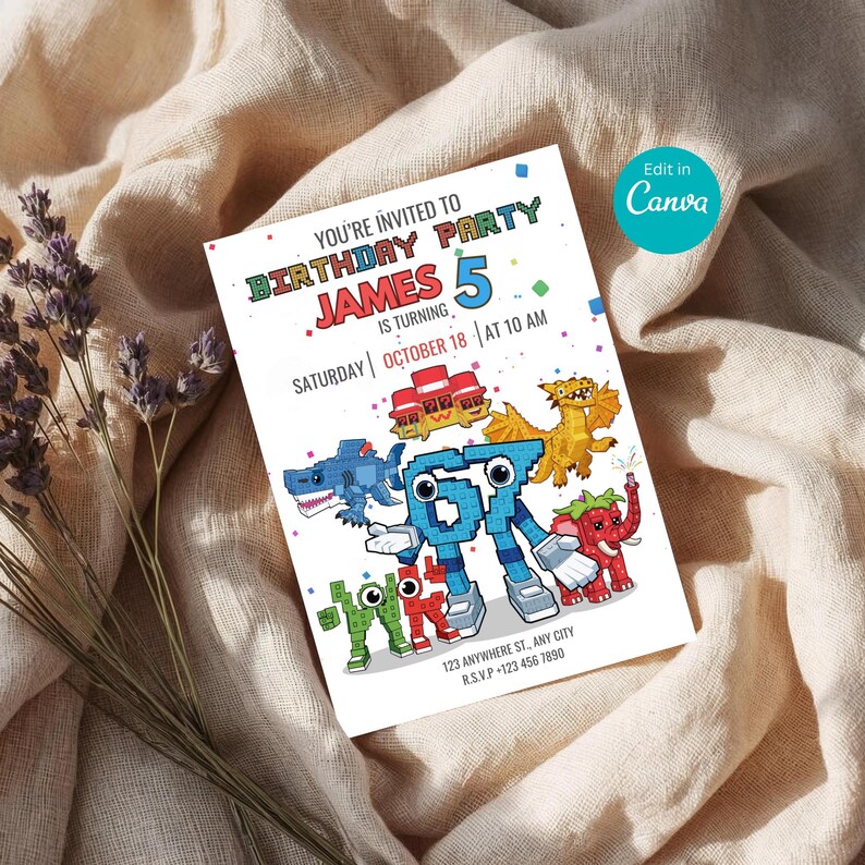 May include: A white birthday party invitation with colorful pixelated illustrations of various creatures. The invitation reads "YOU'RE INVITED TO BIRTHDAY PARTY JAMES 5 IS TURNING SATURDAY OCTOBER 18 AT 10 AM". The Canva logo is in the top right corner.