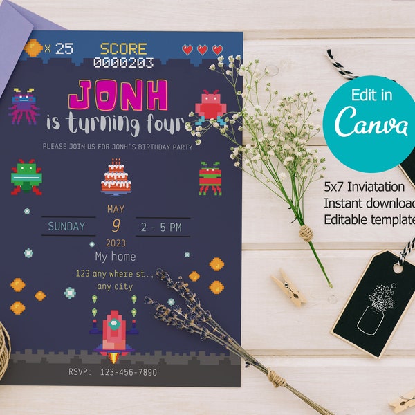 Pixel Space Invaders Birthday Invitation card template, Space Invaders Invitation card template, CANVA Template Printable.