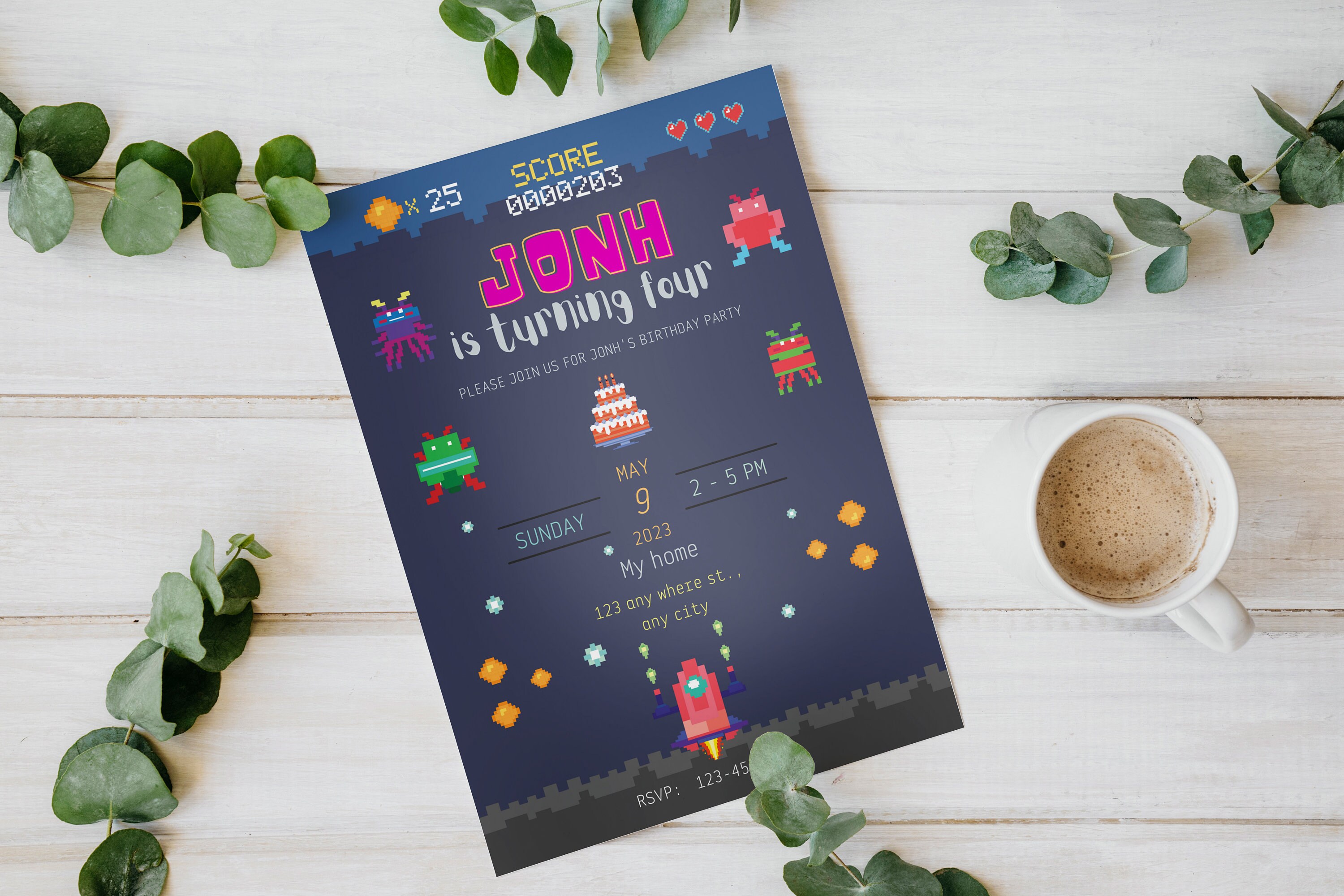Pixel Space Invaders Birthday Invitation Card Template, Space Invaders ...