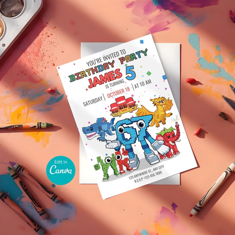 May include: A birthday party invitation with the text "YOU'RE INVITED TO BIRTHDAY PARTY JAMES 5 IS TURNING SATURDAY OCTOBER 18 AT 10 AM". The invitation features colorful pixelated cartoon characters and the words "Edit in Canva".