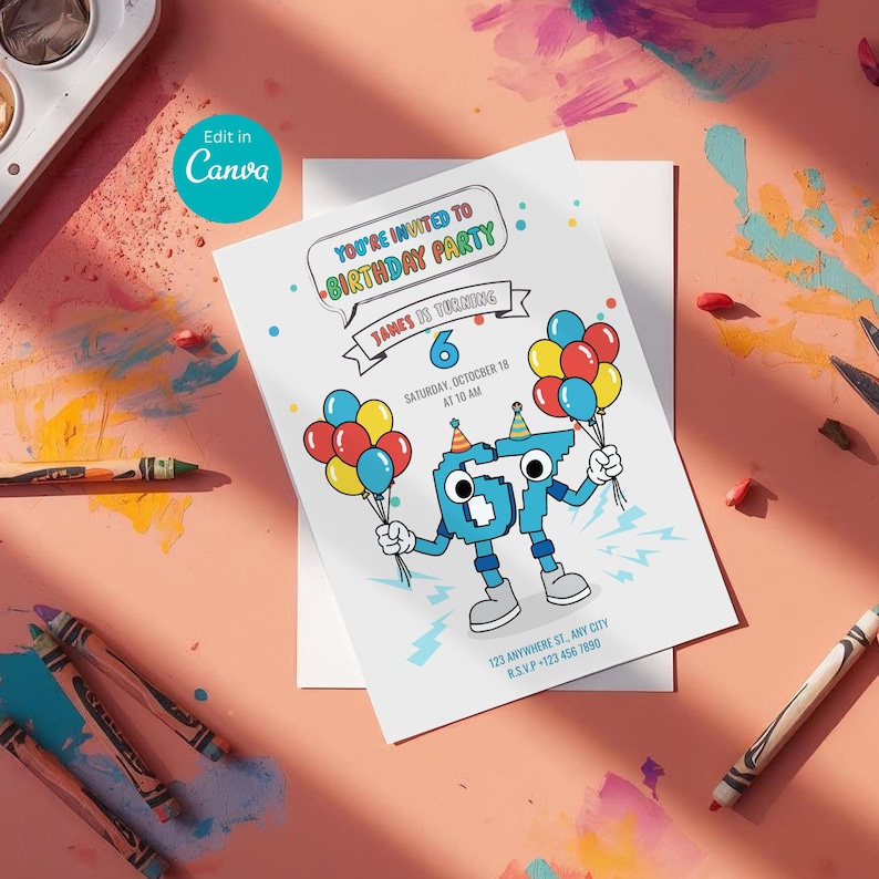 Peut inclure: Une invitation d'anniversaire avec le texte "You're Invited to Birthday Party". L'invitation pr&eacute;sente un personnage bleu tenant des ballons et le texte "James a 6 ans". Le fond est de couleur rose clair.